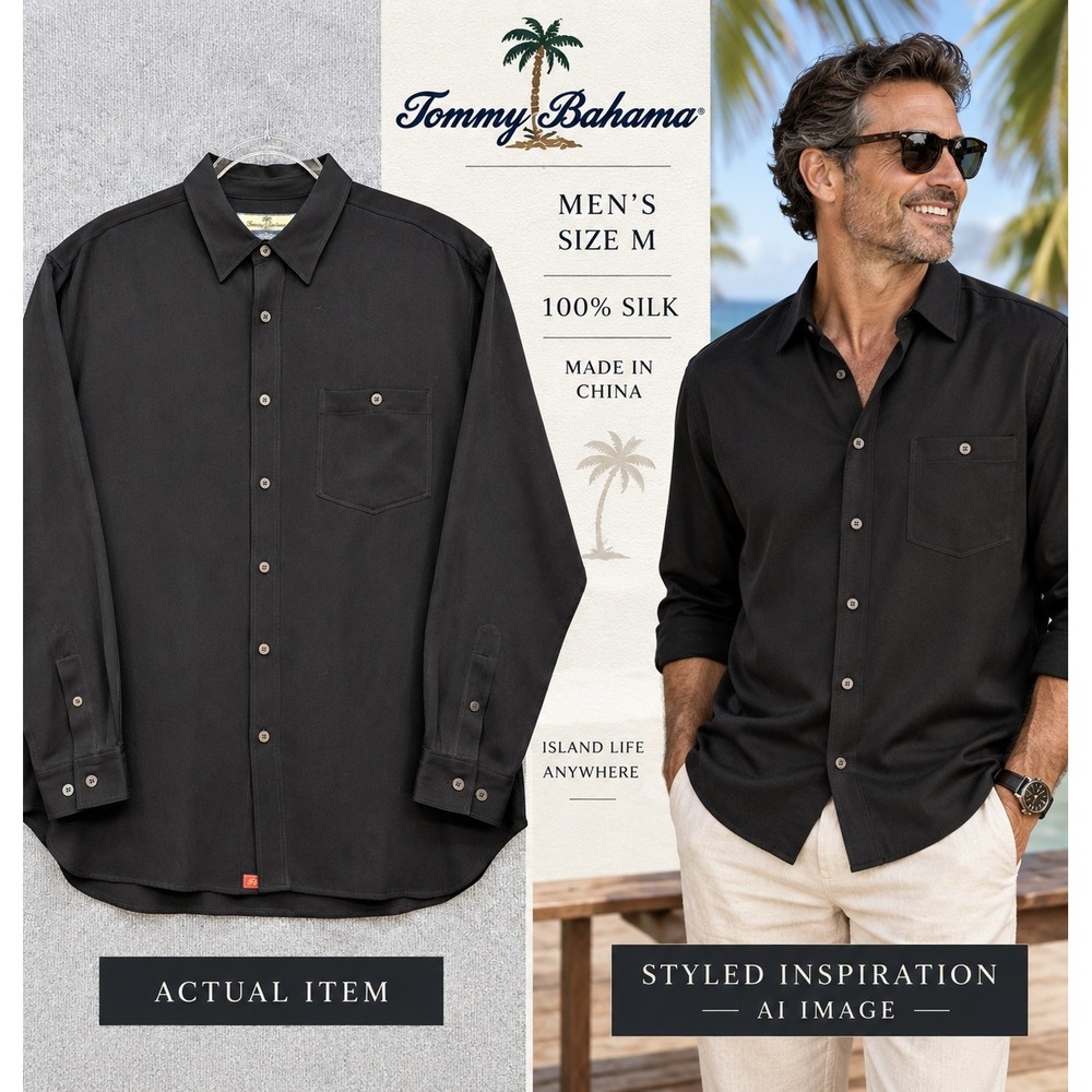 Tommy Bahama Silk Button Down Shirt Mens Long Sleeve Black M Excellent Coastal